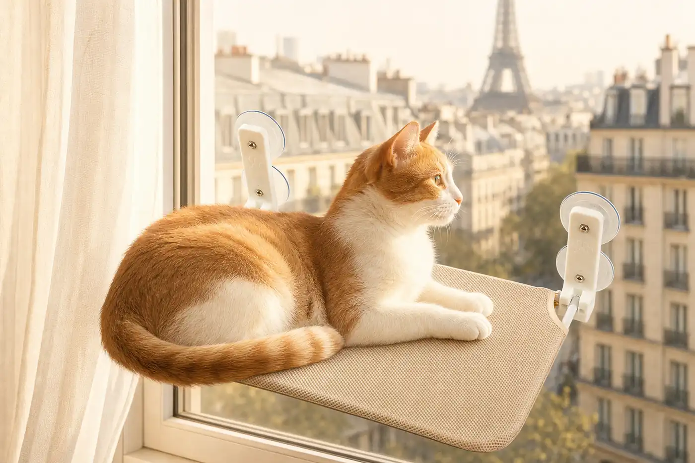 Chat roux allongé sur un hamac de fenêtre beige fixé par deux ventouses sur une vitre, lumière du matin