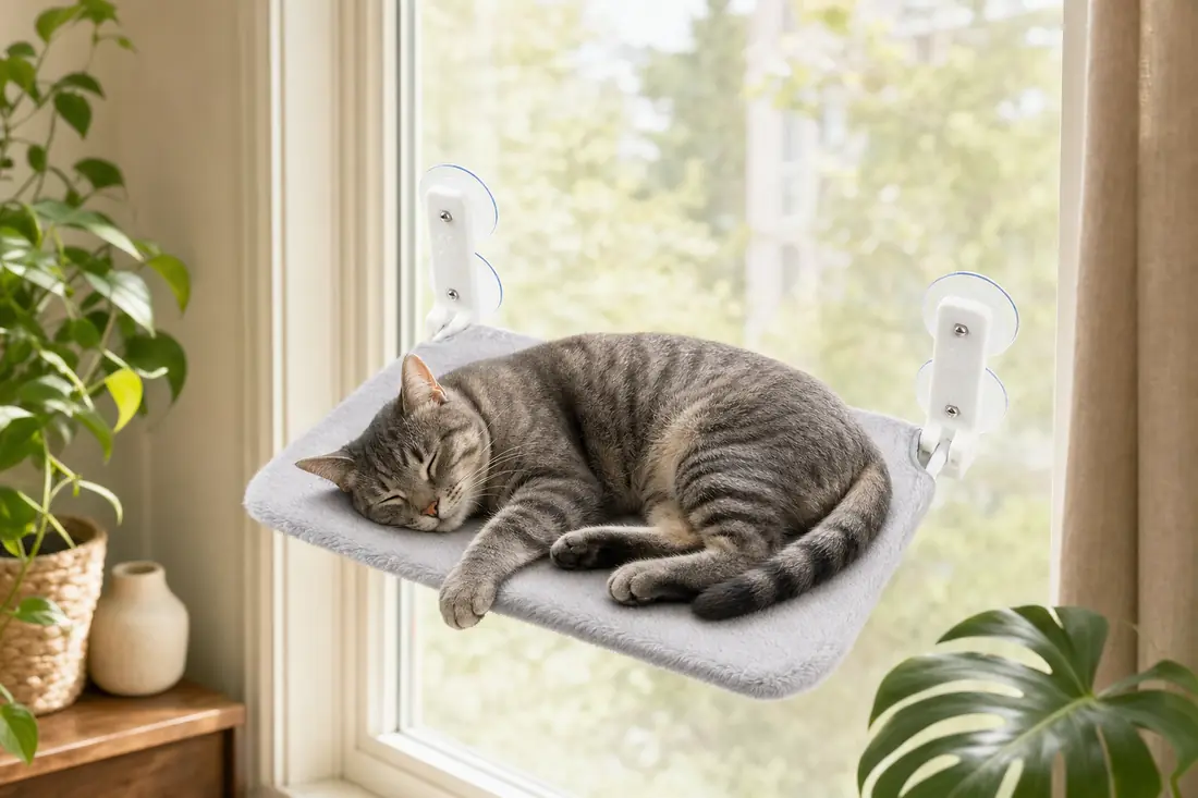 Chat installé devant une fenêtre équipée d’une moustiquaire