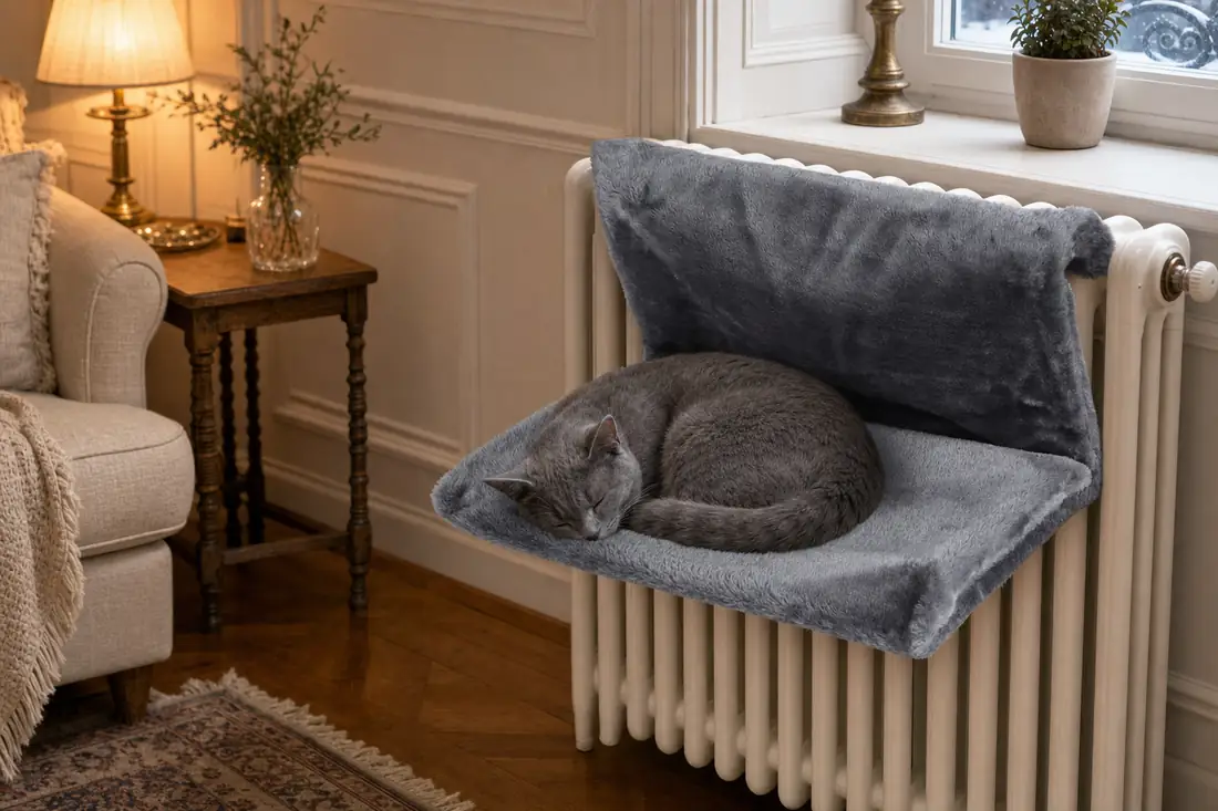 Chat gris endormi dans un hamac accroché à un radiateur