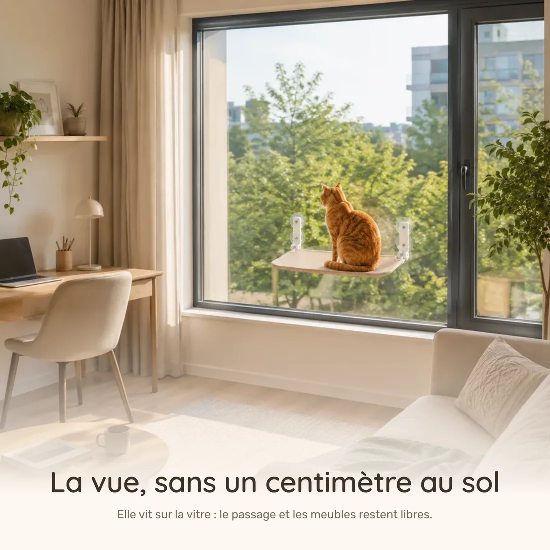La vue, sans un centimètre au sol — la plateforme installée sur la fenêtre d'un petit studio, le passage et les meubles restent libres