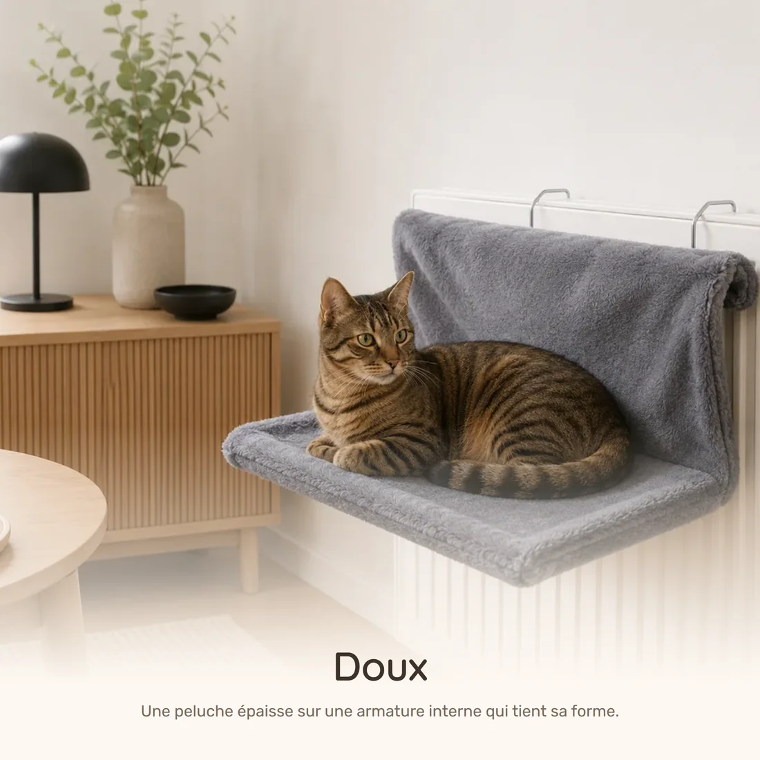 Doux — le hamac de radiateur en peluche accroché à un radiateur, un chat tigré installé dedans