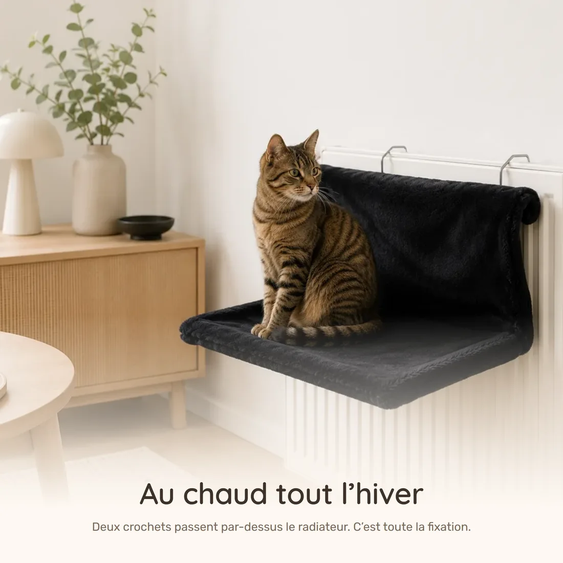 Au chaud tout l'hiver — le hamac de radiateur noir accroché par ses deux crochets, un chat tigré assis dessus