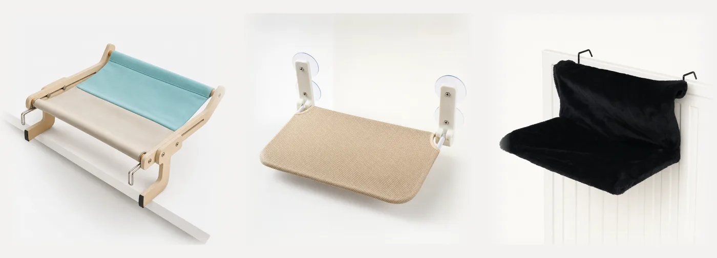 Les trois modèles côte à côte : cadre bois à toile cyan, plateforme à ventouses en maille beige, hamac de radiateur en peluche noire