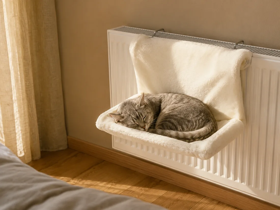 Hamac de radiateur en peluche crème accroché par deux crochets sur un radiateur blanc, un chat gris clair endormi en croissant