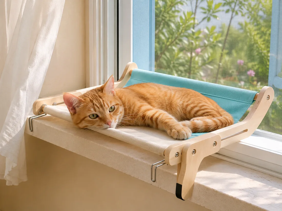 Hamac à toile cyan clipsé sur l'appui d'une fenêtre ouverte, un chat à poil court allongé, voilage léger en arrière-plan