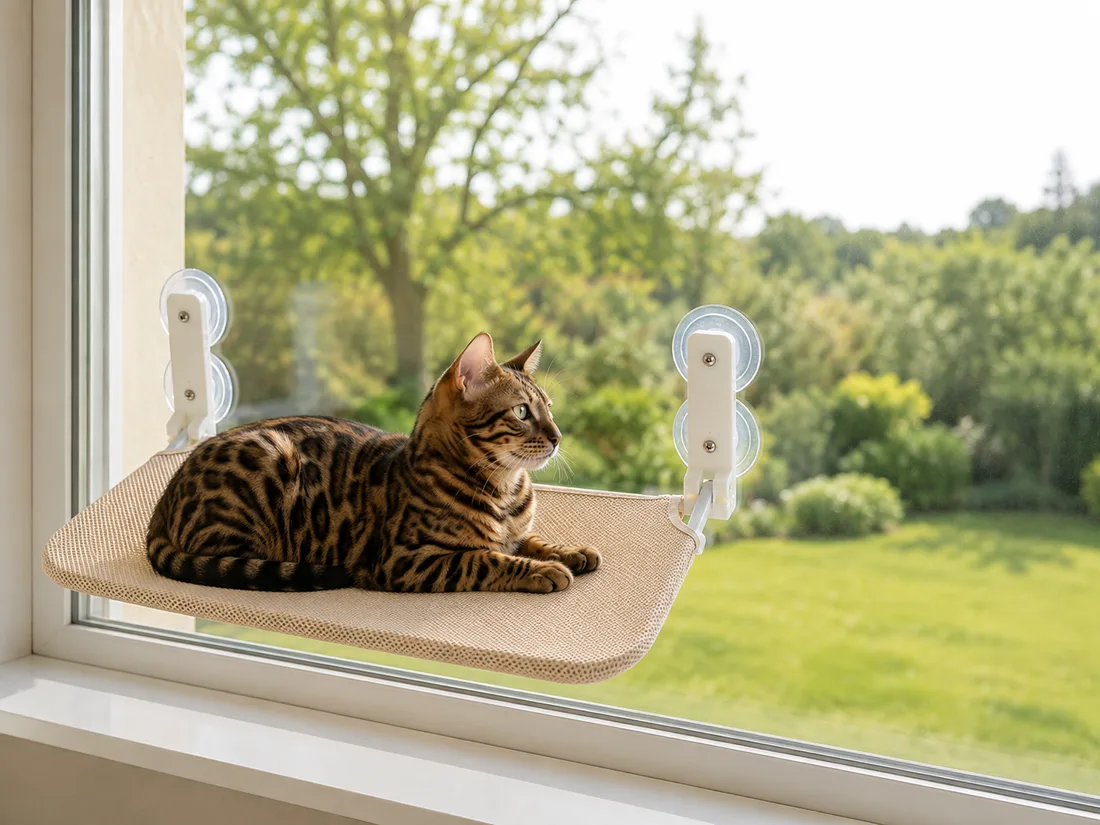 Plateforme en maille beige fixée par quatre ventouses sur une fenêtre panoramique, un chat bengal couché regardant dehors