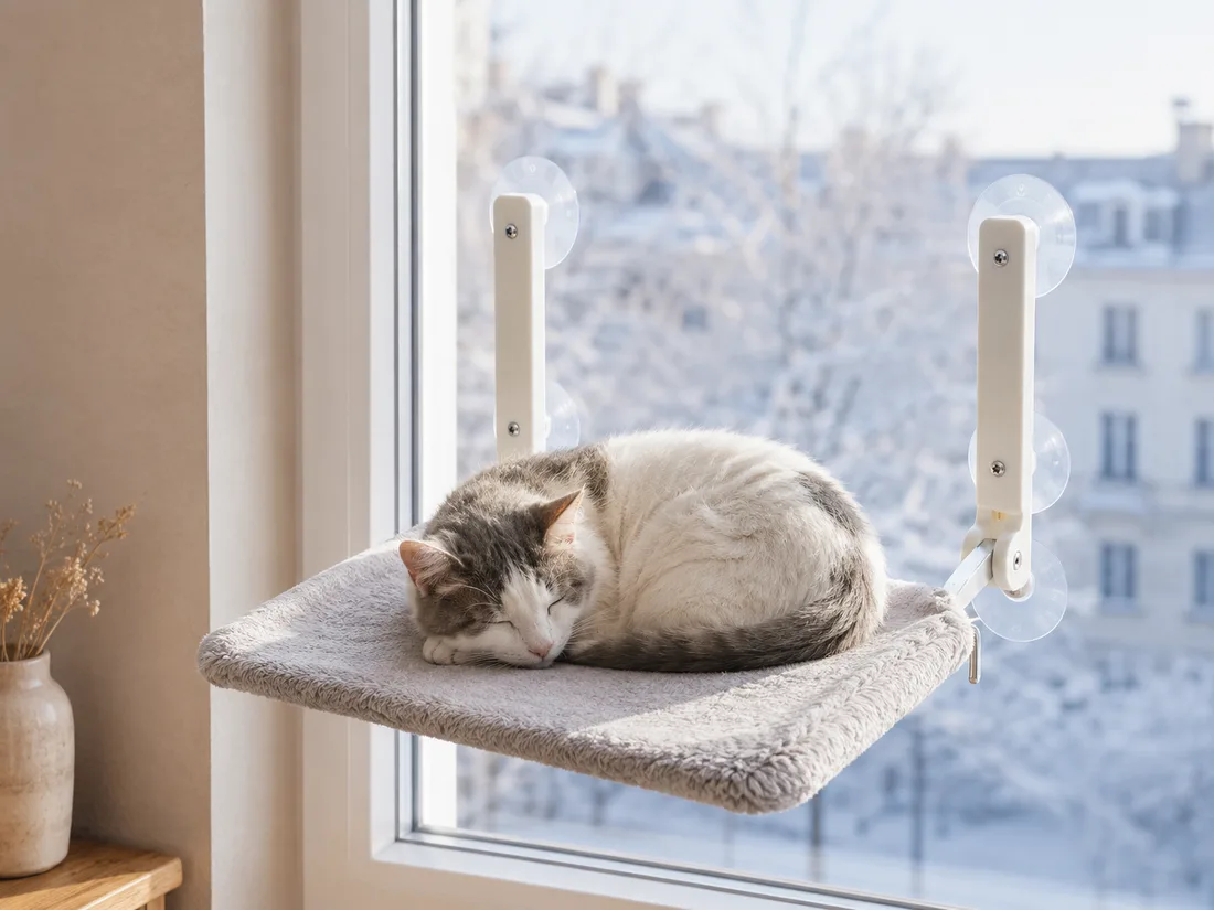 Plateforme en peluche grise fixée à une fenêtre, un chat blanc et gris dormant recroquevillé, quatre ventouses visibles