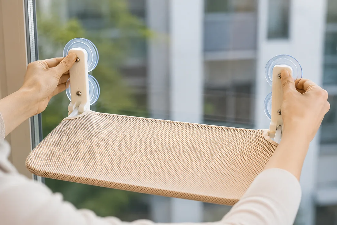 Deux mains pressent les ventouses supérieures contre la vitre, la plateforme en maille beige déjà alignée à l'horizontale