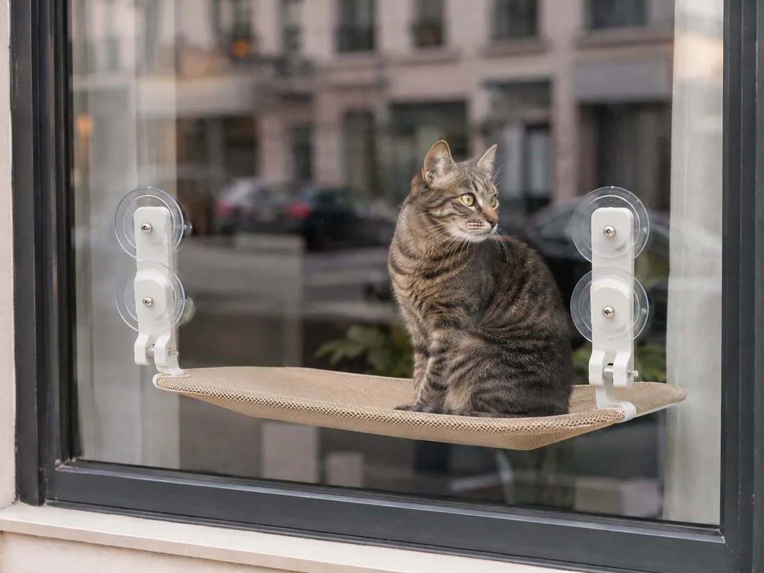 Vue depuis l'extérieur : un chat assis sur la plateforme beige derrière la vitre, ventouses et montants visibles de dos