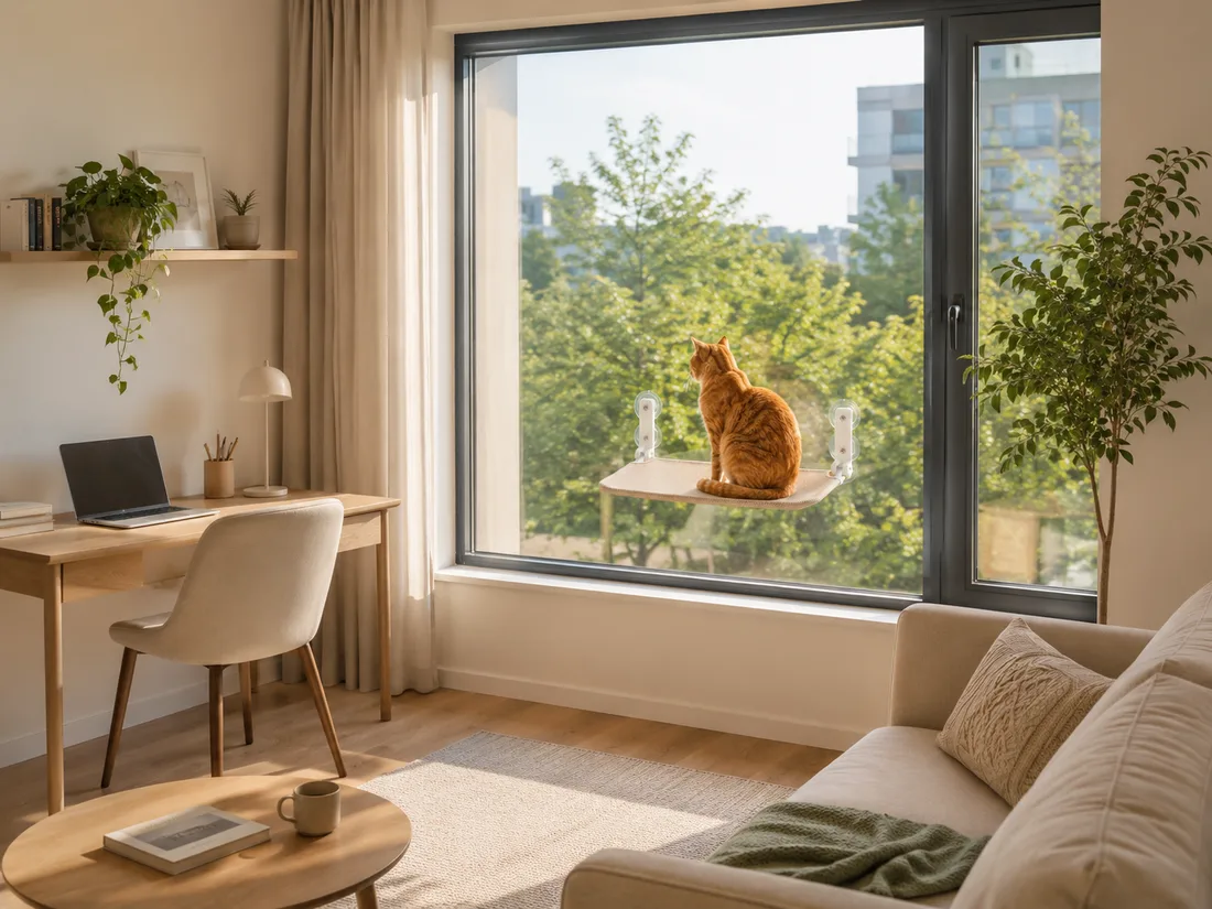 Studio compact où la plateforme beige transforme la fenêtre en couchage, un chat assis dessus, le sol libre
