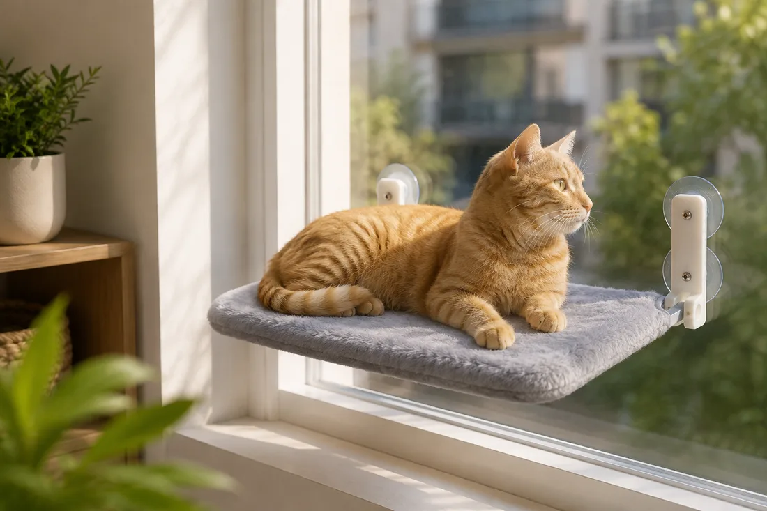 Vue latérale d'un grand chat couché sur la plateforme grise, les quatre ventouses en contact avec le verre