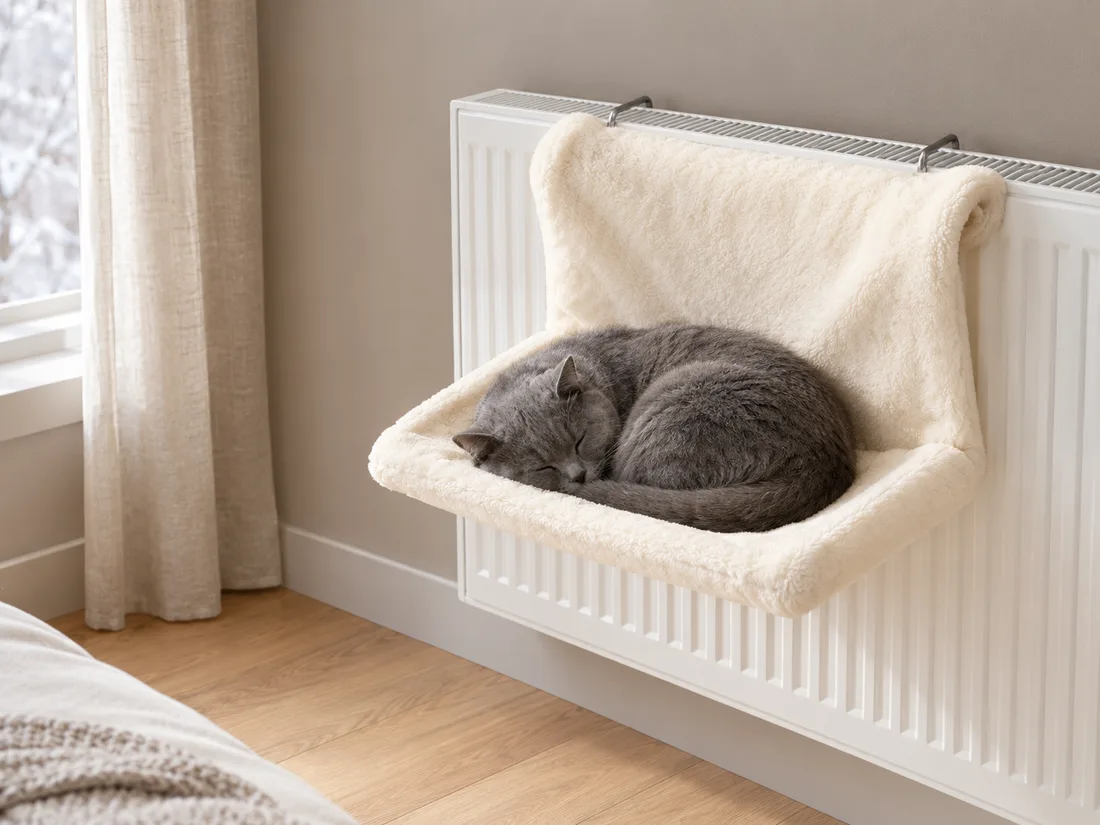 Hamac de radiateur en peluche crème accroché par ses deux crochets sur un radiateur blanc, un chat gris roulé en boule