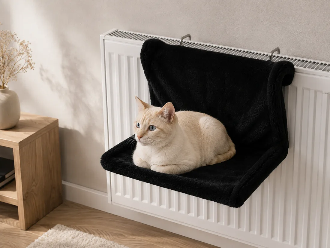 Hamac de radiateur en peluche noire accroché à un radiateur blanc, un chat crème couché en sphinx
