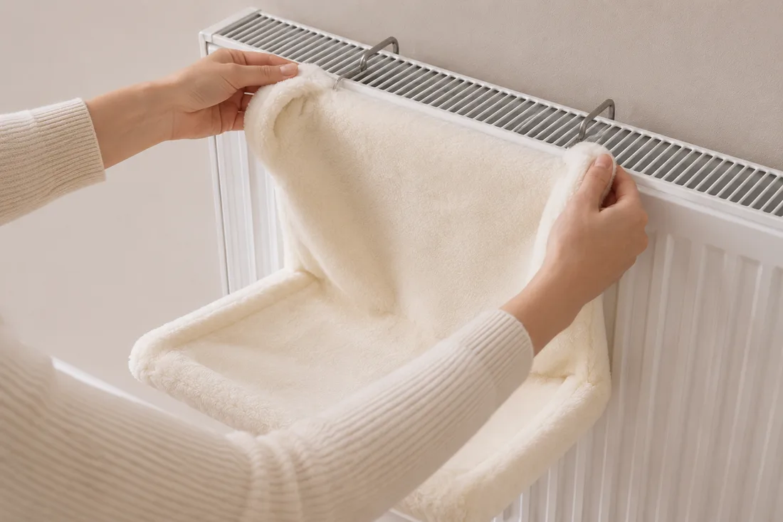 Deux mains installent le hamac crème sur le bord supérieur d'un radiateur, les deux crochets métalliques passant par-dessus