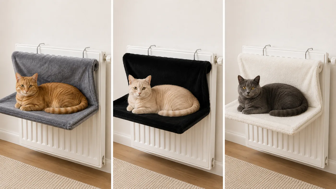 Les trois coloris du hamac de radiateur dans trois scènes identiques : gris, noir et crème sur le même radiateur
