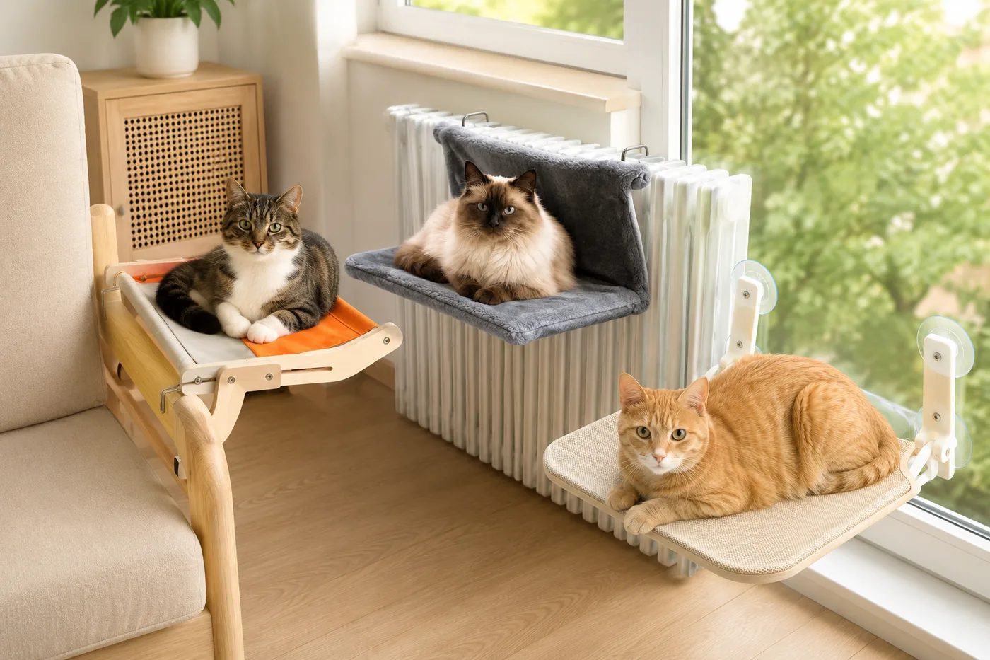 Salon réunissant les trois modèles : cadre bois orange à la fenêtre, plateforme beige sur la vitre, hamac de radiateur noir
